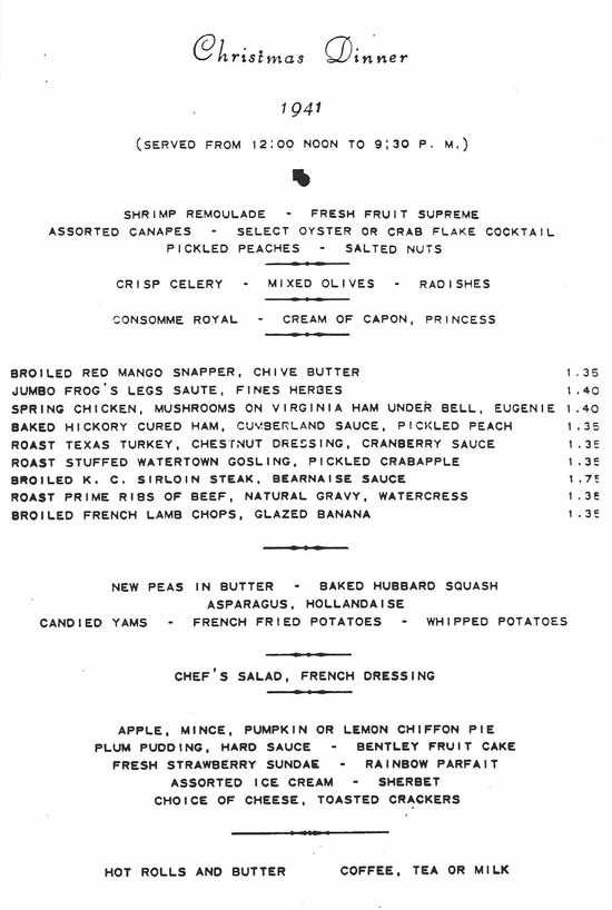 Christmas 1941 dinner menu from the Hotel Bentley in Alexandria, Louisiana