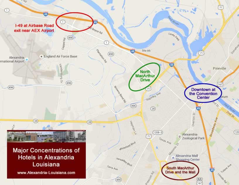 Map of Major Concentrations of Hotels in Alexandria Louisiana