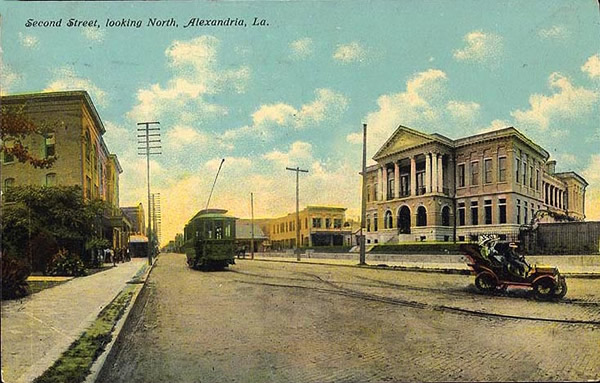 Second Street, looking north in Alexandria, Louisiana, with electric streetcar in front of the Rapides Parish Courthouse 