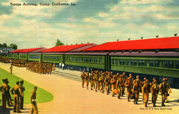 Troops arriving by train at Camp Claiborne, west of Alexandria, during World War II