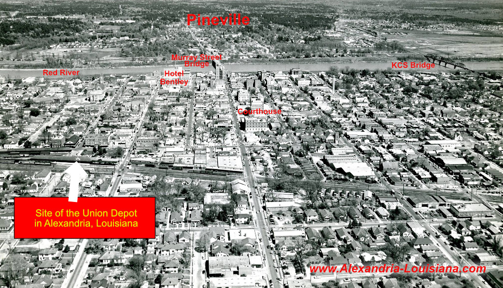 Aerial view of downtown Alexandria, Louisiana, showing the location of Union Depot, the Red River and the KCS Bridge
