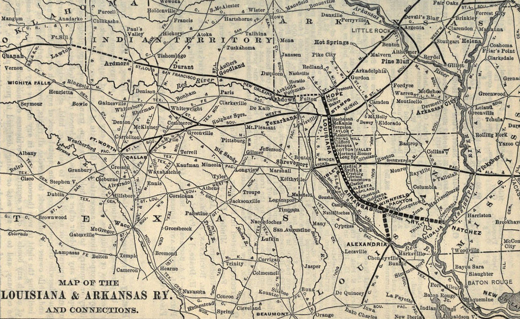 Map of the Louisiana and Arkansas Railway, showing the segment from Hope, Arkansas, south to Alexandria