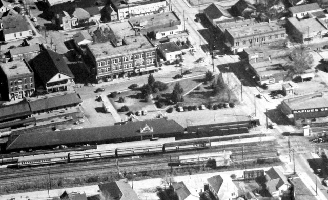 A closer aerial view of the location of Union Station, circa early 1950s. Also visible is the European Hotel, the park and the little building on the middle right that became Jimmy's Barbeque, as well as Rapides Wholesale