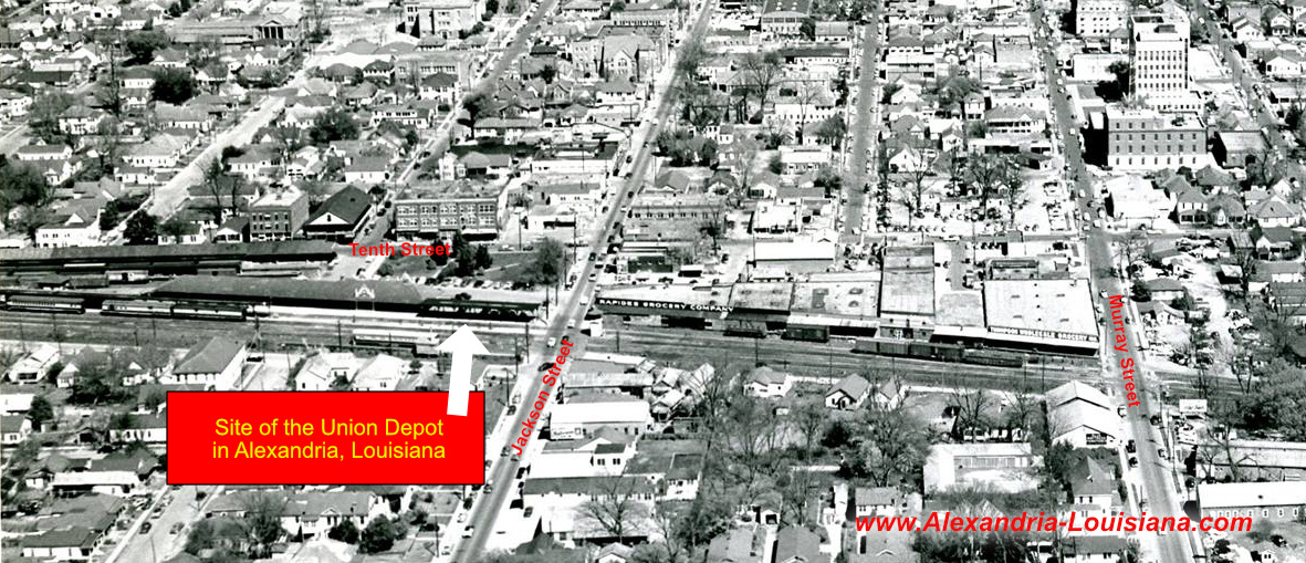 Aerial view of the former location of Union Depot at the corner of Jackson and Tenth Streets in Alexandria, Louisiana 